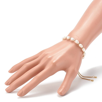 Rice Natural Pearl Slide Bracelets, Bolo Bracelets, with 304 Stainless Steel Box Chains, Golden