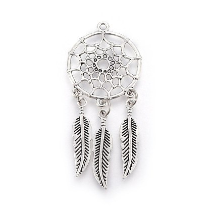 Tibetan Style Alloy Big Pendants, Woven Net/Web with Feather