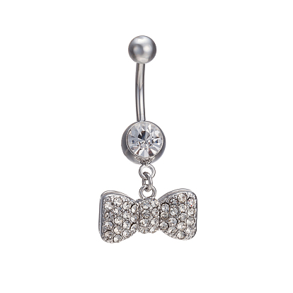 Piercing Jewelry Real 18K Gold Plated Brass Rhinestone Bowknot Navel Ring Belly Rings, 36x17mm