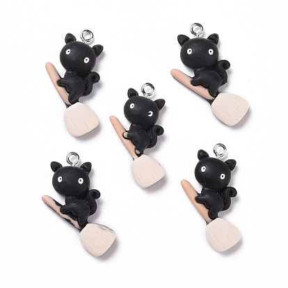 Halloween Opaque Resin Pendants, with Platinum Tone Iron Loops, Cat