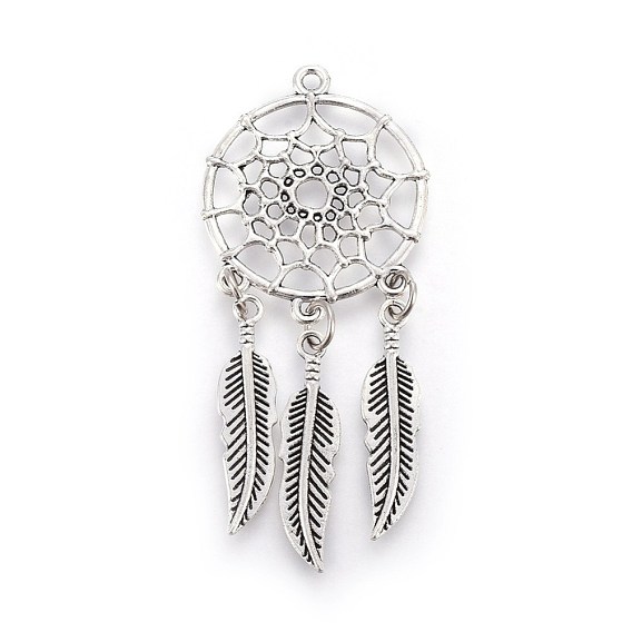 Tibetan Style Alloy Big Pendants, Woven Net/Web with Feather