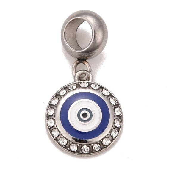 304 Stainless Steel Crystal Rhinestone European Dangle Charms, Large Hole Pendants, with Enamel, Stainless Steel Color, Flat Round with Evil Eye