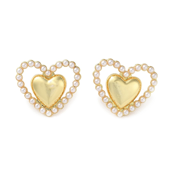 Латунная серьга-гвоздик в форме сердца с покрытием стойки, с пластиковыми жемчужные бусины, долговечный, без свинца и без кадмия