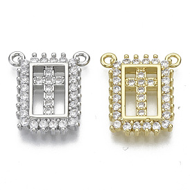 Brass Micro Pave Cubic Zirconia Pendants, for Religion, Nickel Free, Rectangle with Cross, Clear