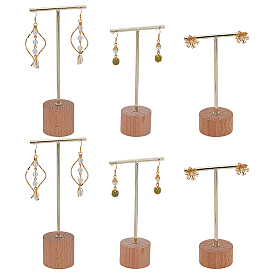 6Pcs 3 Sizes Iron T Bar Earring Display Stands, with Column Wooden Base, BurlyWood