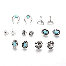 7 Pairs 7 Style Cactus & Whale Tail & Teardrop & Shell Shape Synthetic Turquoise Stud Earrings, Alloy Jewelry for Women