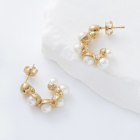 304 из нержавеющей стали серьги, c-образный, с имитацией жемчуга