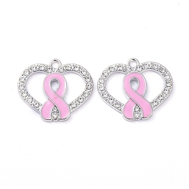Enamel Alloy Pendants, with Crystal Rhinestone, Heart, with October Breast Cancer Pink Awareness Ribbon