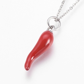 304 Stainless Steel Pendant  Necklaces, with Enamel, Pepper