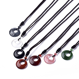 Gemstone Pendant Necklaces, with Nylon Cord, Flat Round