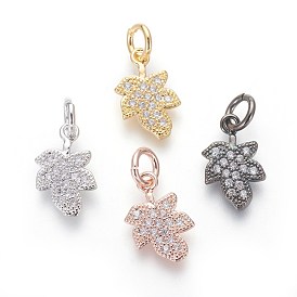 Brass Micro Pave Cubic Zirconia Pendants, Lead Free & Cadmium Free, Clear, Leaf