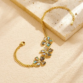 Pulseras de eslabones florales de concha de abulón natural 304 acero inoxidable 3 para mujer, con diamantes de imitación de cristal