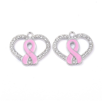 Enamel Alloy Pendants, with Crystal Rhinestone, Heart, with October Breast Cancer Pink Awareness Ribbon