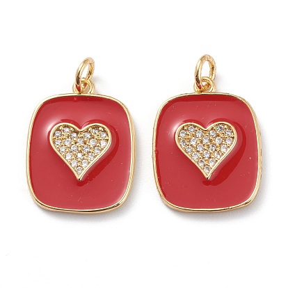 Brass Micro Pave Clear Cubic Zirconia Pendants, with Red Enamel, Long-Lasting Plated, With Jump Rings, Rectangle with Heart