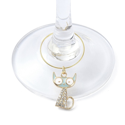 Cat Shape Alloy Enamel Wine Glass Charms, with Brass Hoop Findings