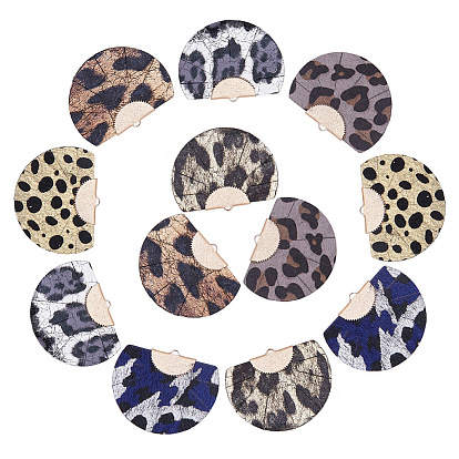 Colgantes de piel de vacuno ecológicos, con fornituras de latón, forma de abanico con estampado de leopardo, la luz de oro