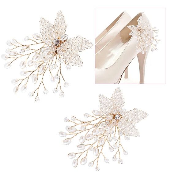ABS Plastic Imitation Pearl Beaded Flower Wedding Shoe Decorations, Copper Wire Wrapped, with Rhinestone