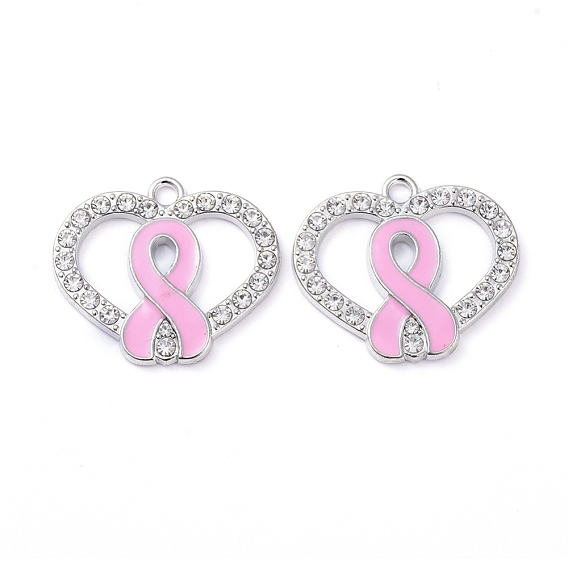 Emaille-Legierungs-Anhänger, mit Strass-Kristall, Herz, mit Oktober-Brustkrebs-Rosa-Bewusstseinsband