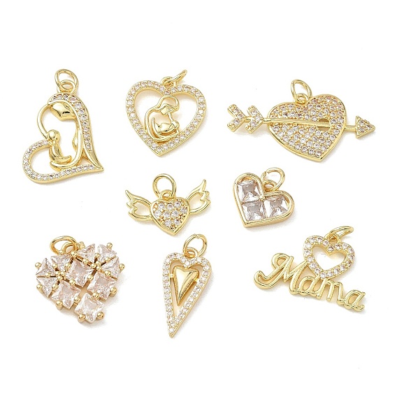 Brass Micro Pave Clear Cubic Zirconia Pendants, Heart Charms