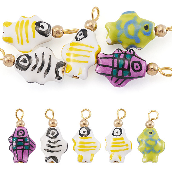 5шт. фарфоровые подвески, с железной фурнитурой, рыба, золотые