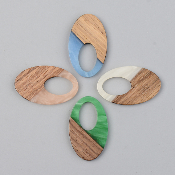 Opaque Resin & Walnut Wood Pendants, Oval