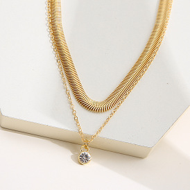 Sparkling Double-layered Snake Chain Necklace with Creative Zircon Pendant