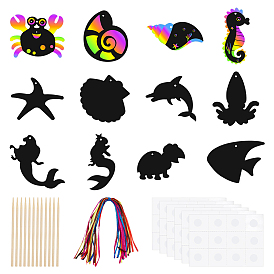 Морские животные для скрапинга для детей, радужные украшения из бумаги для заметок с бамбуковой палочкой и лентой