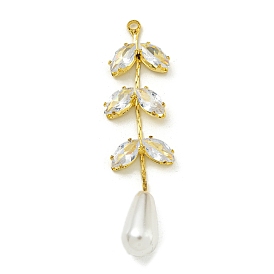 Brass Rhinestone Big Pendants, with ABS Imitation Pearl Beads, Leaf Charms