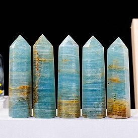 Point Tower Natural Blue Calcite Healing Stone Wands, for Reiki Chakra Meditation Therapy Decors, Hexagonal Prism