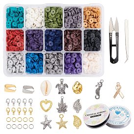 DIY Jewelry Set Kits, with Polymer Clay Heishi Beads, Cowrie Shell Pendants, Alloy Pendants & Lobster Claw Clasps,Crystal Thread and Steel Scissors