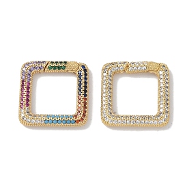 Rack Plating Brass Micro Pave Cubic Zirconia Spring Gate Rings Clasps, Cadmium Free & Lead Free, Long-Lasting Plated, Real 18K Gold Plated, Square