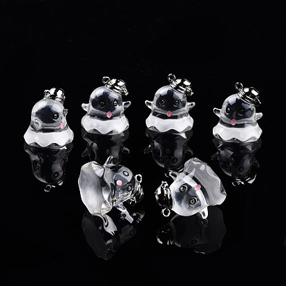 Halloween Transparent Resin Enamel Pendants, with Platinum Plated Brass Loops, Ghost Charm