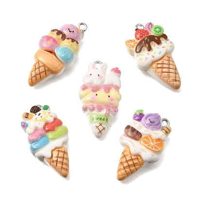 Opaque Resin Pendants, Kawaii Ice Cream Charm, with Platinum Iron Loop
