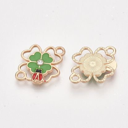 Alloy Links Connectors, with Rhinestone and Enamel, Clover with Ladybird, Golden