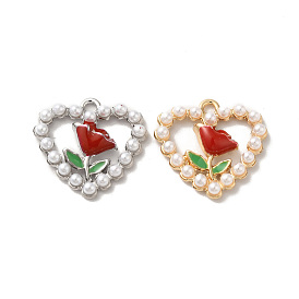 Rack Plating Alloy Enamel Pendants, with Imitation Pearl Beaded, Nickel Free, Heart with Flower Charms