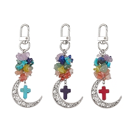 Natural & Synthetic Gemstone Chip & Cross Pendant Decoration, with Alloy Swivel Clasps and Hollow Moon Charm