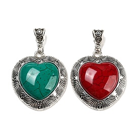 Synthetic Turquoise Dyed Pendants, Heart Charms with Antique Silver Plated Alloy Findings