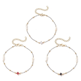 3шт. браслеты из натуральных бусин пресноводного жемчуга и стеклянных бусин, 304 Женские браслеты-спутники из нержавеющей стали