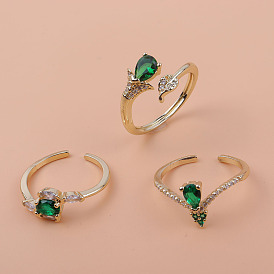 Green Stone Copper Plated Genuine Gold Micro-inlaid Zircon Ladies Ring - Elegant Ring