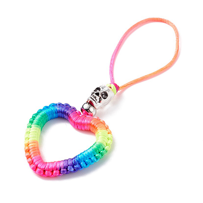 Heart Braided Nylon Cord Mobile Accessories, Phone Hanging Pendant Decor, with Alloy Skull Beads, European Brass Beads & Iron Findings
