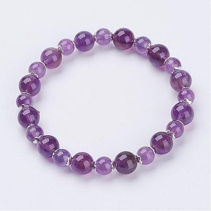 Natural Gemstone Stretch Bracelets, with Brass Bead Caps, Silver Color Plated
