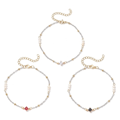 3шт. браслеты из натуральных бусин пресноводного жемчуга и стеклянных бусин, 304 Женские браслеты-спутники из нержавеющей стали