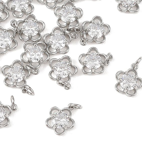 SHEGRACE Brass Pave Clear Cubic Zirconia Charms, Flower Charms, Cadmium Free & Lead Free & Nickel Free