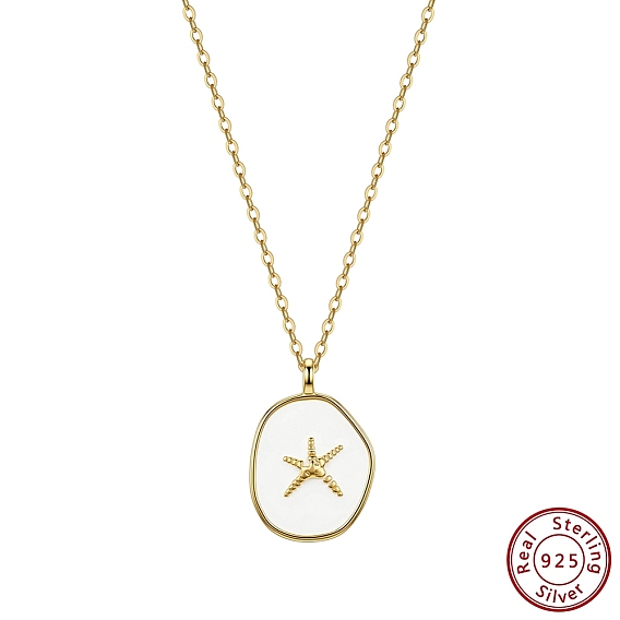 925 Sterling Silver Enamel Pendants, White Round with Starfish Charms, without Necklace