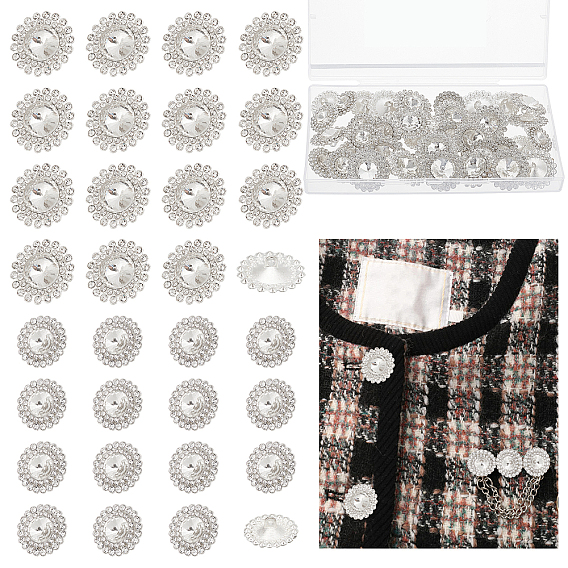 40Pcs 2 Style 1-Hole Zinc Alloy Rhinestone Shank Buttons, with Glass, Flower