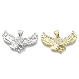 Brass Micro Pave Cubic Zirconia Pendants, Nickel Free, Eagle, Clear