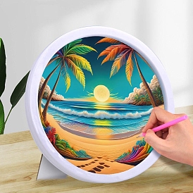 DIY Sunrise View with Voconut Trees Diamond Painting Kits, Including Acrylic Rhinestones Bag, Diamond Sticky Pen, Tray Plate, Glue Clay and Canvas, Round