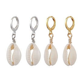 Natural Cowrie Shell Leverback Earrings, with Brass Earrings