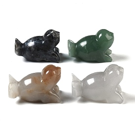 Natural Mixed Gemstone Carved Sea Lion Figurines, for Home Office Desktop Feng Shui Ornament