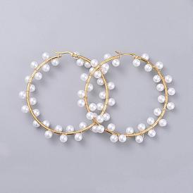 304 Stainless Steel Hoop Earrings, with Acrylic Imitated Pearl and Brass Findings